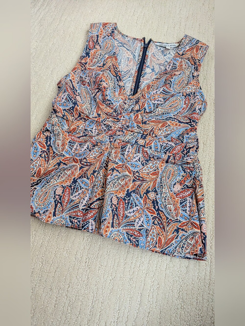 Veronica Beard Navy, Rust & Light Blue Paisley Sleeveless Peplum top